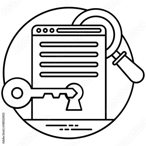 
An unlocking  key on a screen with magnifying glass behind , keyword concept 
