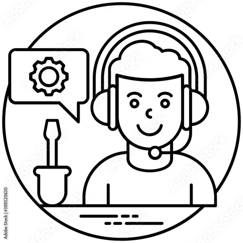 
Technical tools with human avatar having headphones giving technical support 
