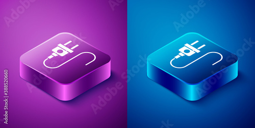 Isometric Electric plug icon isolated on blue and purple background. Concept of connection and disconnection of the electricity. Square button. Vector.