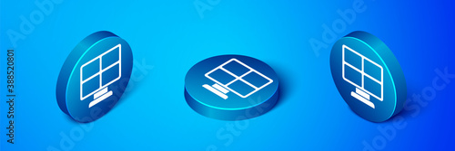 Isometric Solar energy panel icon isolated on blue background. Blue circle button. Vector.