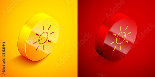 Isometric Solar energy panel icon isolated on orange and red background. Sun with lightning symbol. Circle button. Vector.