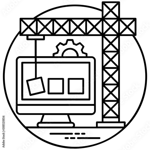 
A hanged block from a computer screen via tower crane representing website under construction 

