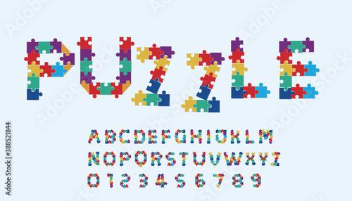 Puzzle style font design, alphabet letters and numbers, 