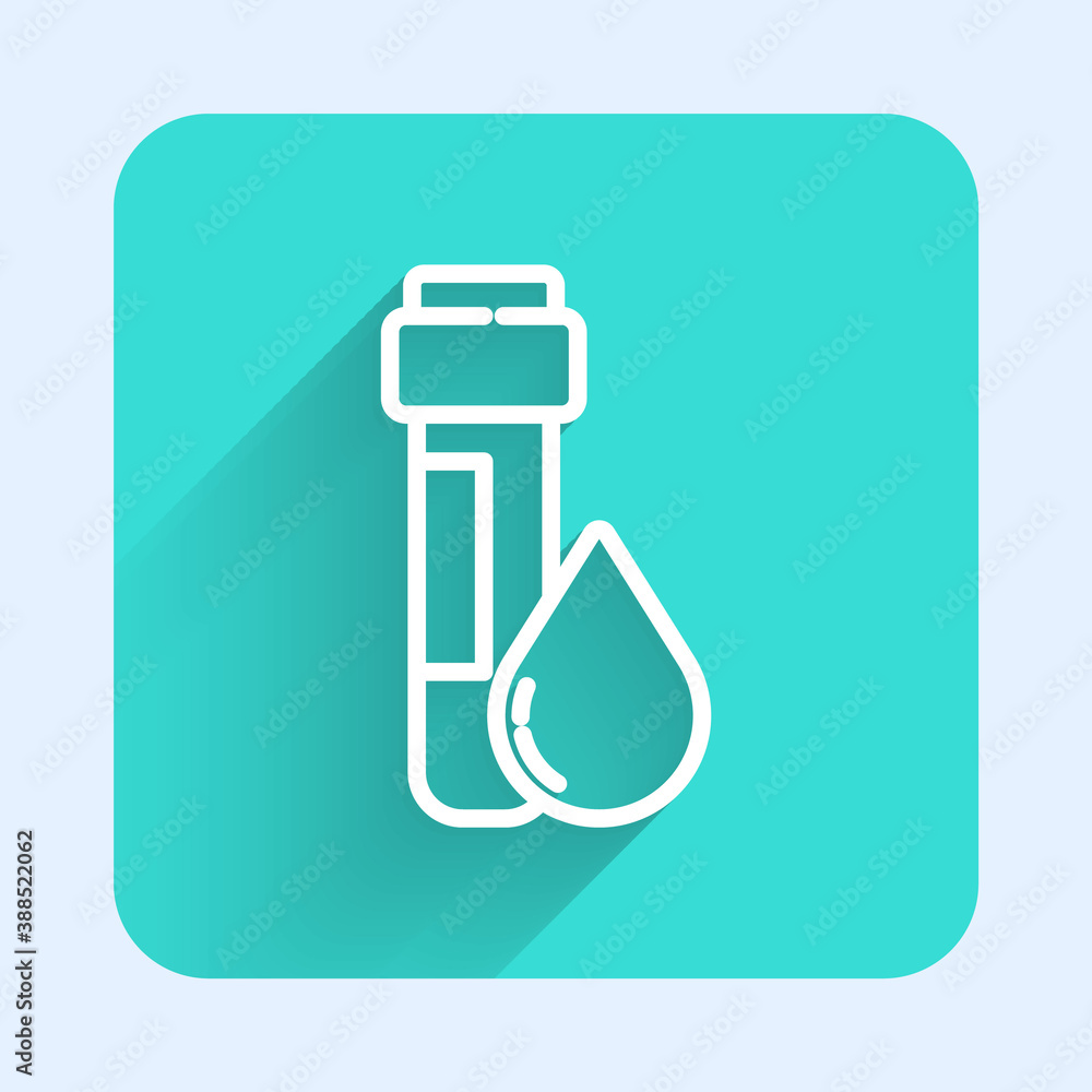 White line Test tube with water drop icon isolated with long shadow. Green square button. Vector Illustration. White line Test tube with water drop icon isolated with long shadow. Green square button. Vector Illustration.