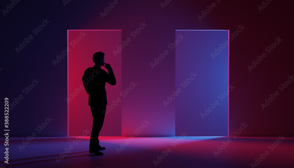 Silhouette of man in suit in front of left doorway with red light thinking about right doorway with blue light Silhouette of man in suit in front of left doorway with red light thinking about right doorway with blue light