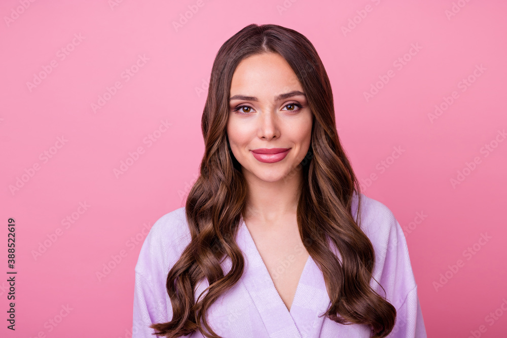 Closeup photo of beautiful lady long curly hairstyle spa salon procedure feel well look mirror preparing romantic date like her reflection wear bathrobe isolated pastel pink color background Closeup photo of beautiful lady long curly hairstyle spa salon procedure feel well look mirror preparing romantic date like her reflection wear bathrobe isolated pastel pink color background