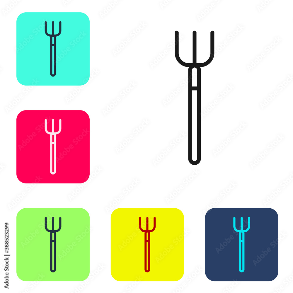 Black line Garden pitchfork icon isolated on white background. Garden fork sign. Tool for horticulture, agriculture, farming. Set icons in color square buttons. Vector. Black line Garden pitchfork icon isolated on white background. Garden fork sign. Tool for horticulture, agriculture, farming. Set icons in color square buttons. Vector.
