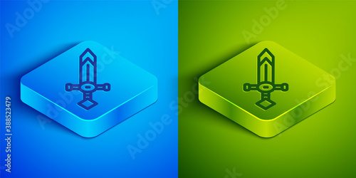 Isometric line Medieval sword icon isolated on blue and green background. Medieval weapon. Square button. Vector.