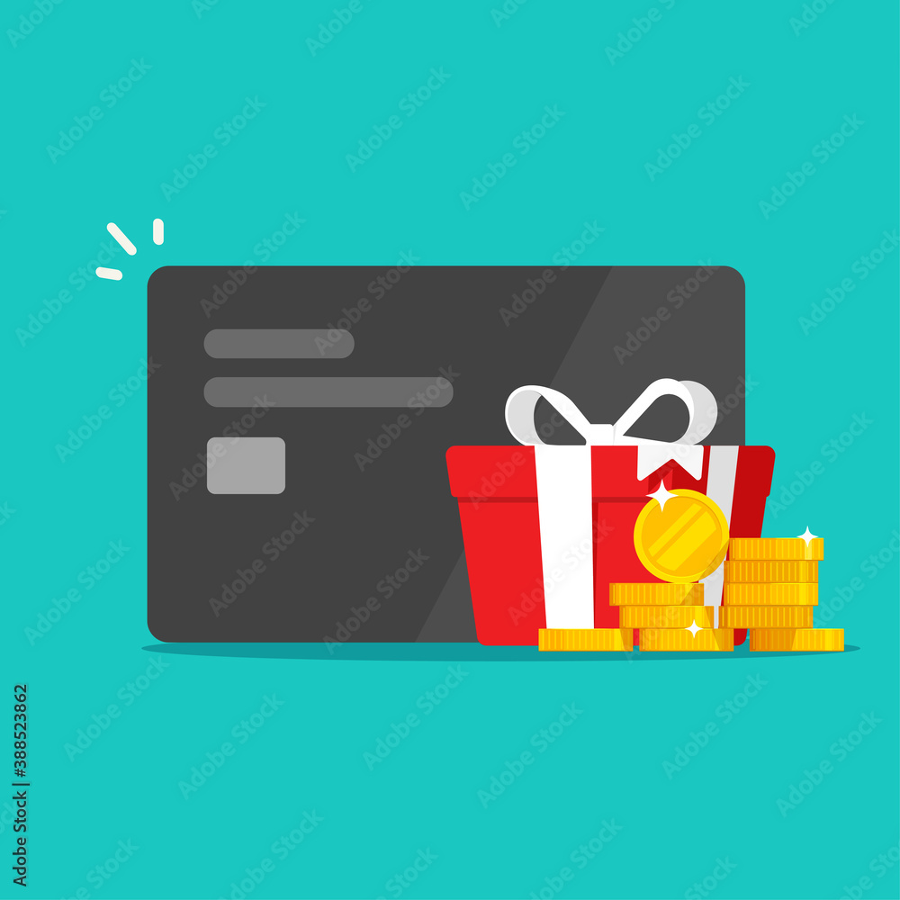 Money reward gift perks, bonus cash on credit bank card income vector, financial award program prize vector, give away promotion adea, present box perks, surcharge or allowance payment concept Money reward gift perks, bonus cash on credit bank card income vector, financial award program prize vector, give away promotion adea, present box perks, surcharge or allowance payment concept