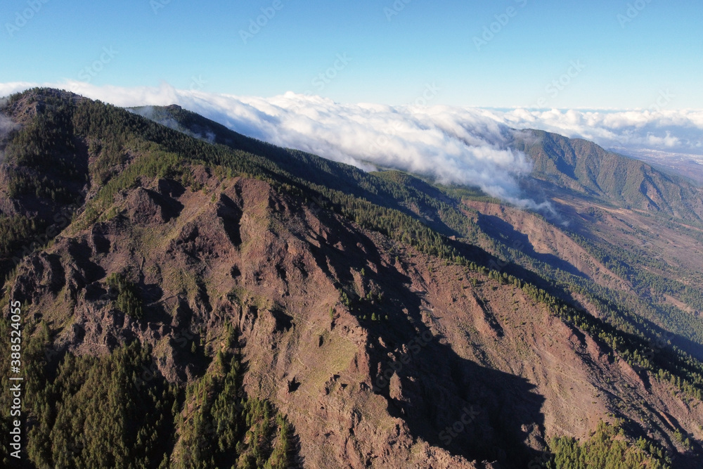 Aerial volcanic landscape formed by the crater of a volcano in Guimar, Tenerife, Canary Islands. High quality photo