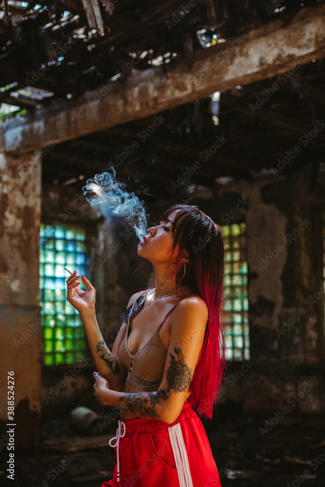 Girl Smoking, construction, ruins, darkness, tattoo, smoke, Asian, red hair, top, underwear, Chernobyl, construction Girl Smoking, construction, ruins, darkness, tattoo, smoke, Asian, red hair, top, underwear, Chernobyl, construction