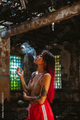 Girl Smoking, construction, ruins, darkness, tattoo, smoke, Asian, red hair, top, underwear, Chernobyl, construction