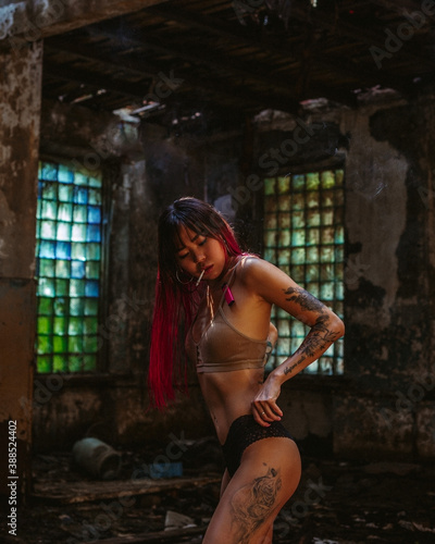 Girl Smoking, construction, ruins, darkness, tattoo, smoke, Asian, red hair, top, underwear, Chernobyl, construction