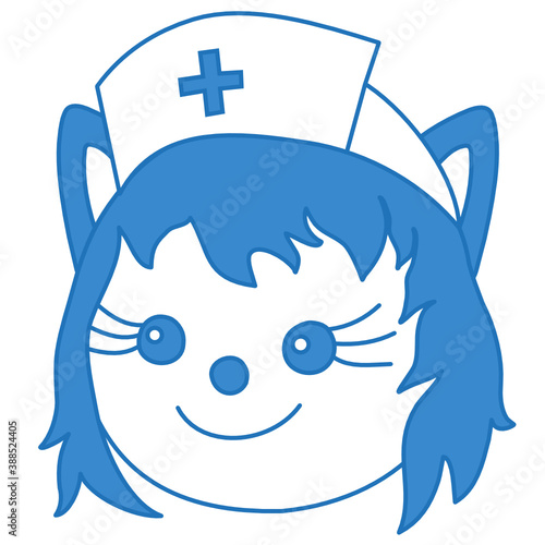 smiling wolf nurse wearing a retro medical bonnet with cross symbol or sign, simplistic facial expression vector illustration, simple hand drawn emoticon, funny cartoon character