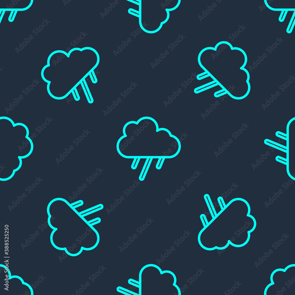 Obraz premium Green line Cloud with rain icon isolated seamless pattern on blue background. Rain cloud precipitation with rain drops. Vector.
