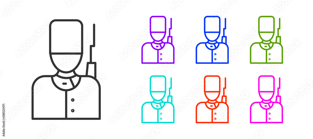 Black line British guardsman with bearskin hat marching icon isolated on white background. Set icons colorful. Vector. Black line British guardsman with bearskin hat marching icon isolated on white background. Set icons colorful. Vector.