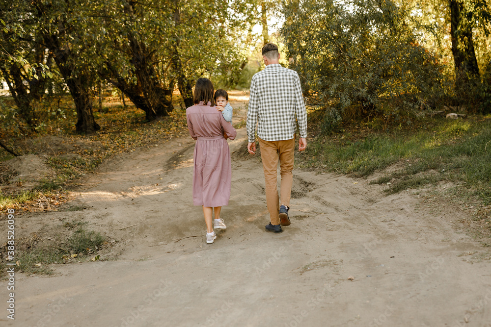 Happy family walking on the road in the park. Father, mother holding baby son on hands and going together. Rear view. Family Ties concept. Happy family walking on the road in the park. Father, mother holding baby son on hands and going together. Rear view. Family Ties concept.