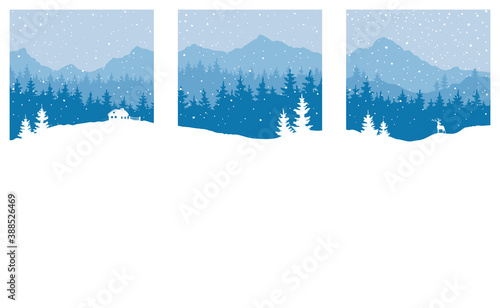 Abstract landscape with mountains and forest. Three vector illustrations. Set of Christmas wallpaper.