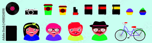 set of hipster element cartoon icon design template with various models. vector illustration isolated on blue background