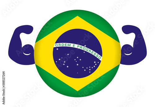 強いブラジルのイメージイラスト（円形のブラジル国旗と力こぶ）