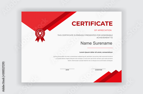 certificate of appreciation award template with red color and badge diploma vector template