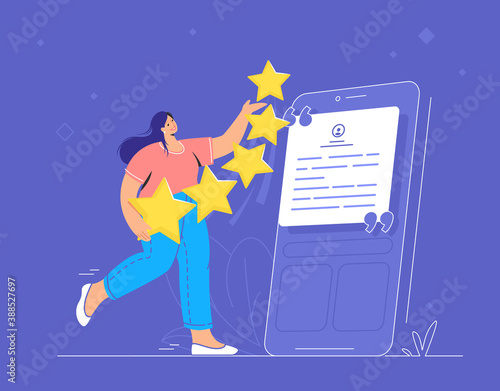 Customer review and user rating five stars. Flat teenage woman walking near big smartphone and holding five yellow stars to leave testimonials and rate a mobile app. Customer feedback and high rating