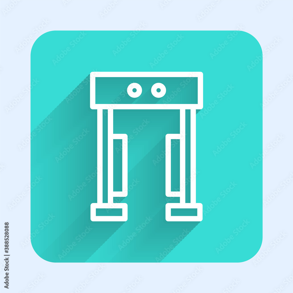 White line Metal detector icon isolated with long shadow. Airport security guard on metal detector check point. Green square button. Vector. White line Metal detector icon isolated with long shadow. Airport security guard on metal detector check point. Green square button. Vector.