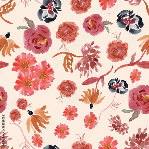 Colorful waterpaint autumn flowers repeat pattern print
