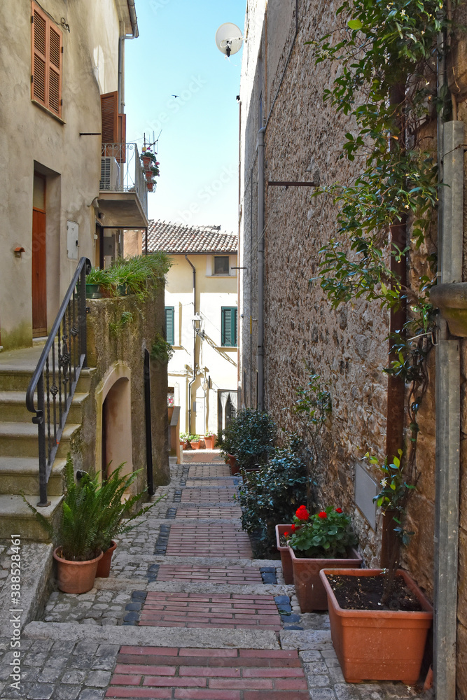 Obraz premium A small road crosses the old buildings of Prossedi, a medieval village in the Lazio region, Italy.
