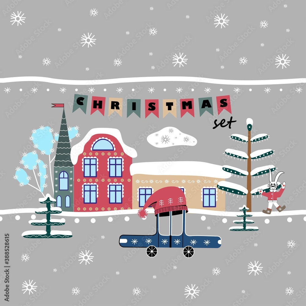 Set of cute Christmas landscape, town and village icons. Hand drawn houses, car and trees. Isolated winter vector objects, flat design.