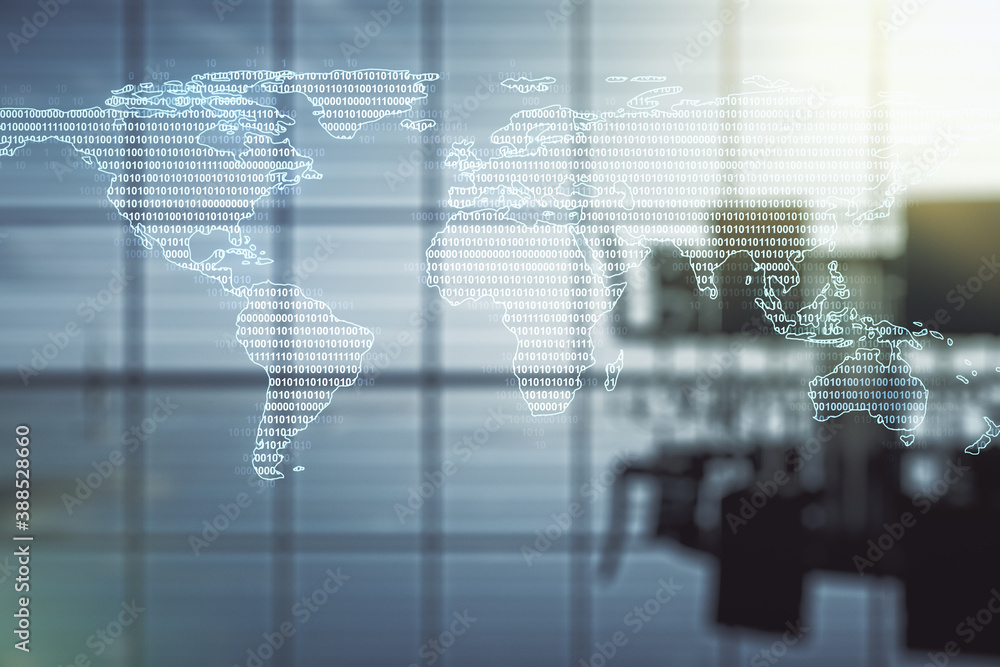Double exposure of abstract digital world map hologram on a modern boardroom background, big data and blockchain concept Double exposure of abstract digital world map hologram on a modern boardroom background, big data and blockchain concept