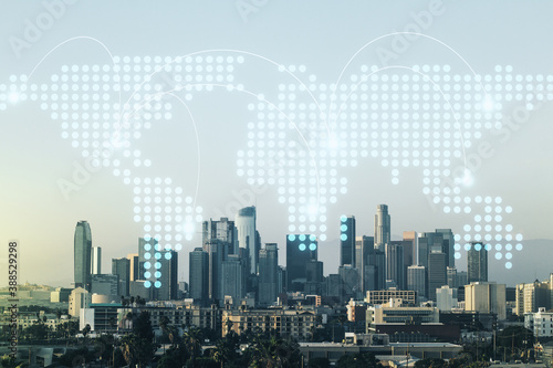 Abstract virtual world map with connections on Los Angeles skyline background, international trading concept. Multiexposure