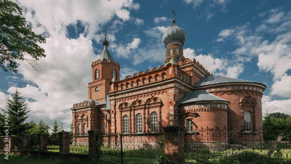 Pirevichi Village, Zhlobin District Of Gomel Region Of Belarus. All Saints Church Is Old Cultural And Architectural Monument. Time Lapse, Timelapse Pirevichi Village, Zhlobin District Of Gomel Region Of Belarus. All Saints Church Is Old Cultural And Architectural Monument. Time Lapse, Timelapse