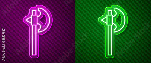 Glowing neon line Medieval axe icon isolated on purple and green background. Battle axe, executioner axe. Medieval weapon. Vector.