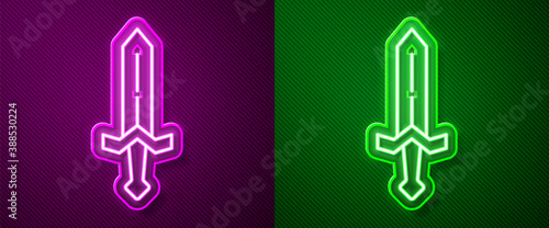 Glowing neon line Medieval sword icon isolated on purple and green background. Medieval weapon. Vector.