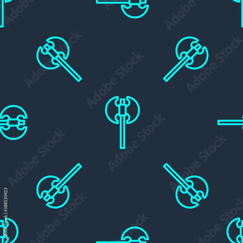 Green line Medieval axe icon isolated seamless pattern on blue background. Battle axe, executioner axe. Medieval weapon. Vector.