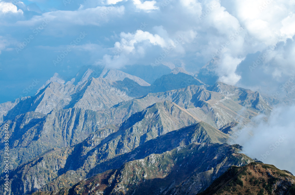 Views from the trekking trail Rosa Khutor Ski Resort, Sochi, Russia. Roza Pik is the summit of the Aibga mountain range, which is located at an altitude of 2320 m.