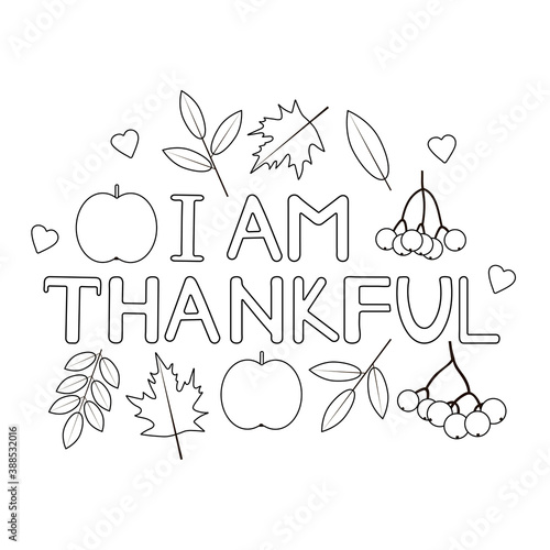 I am thankful. Thanksgiving Coloring page.