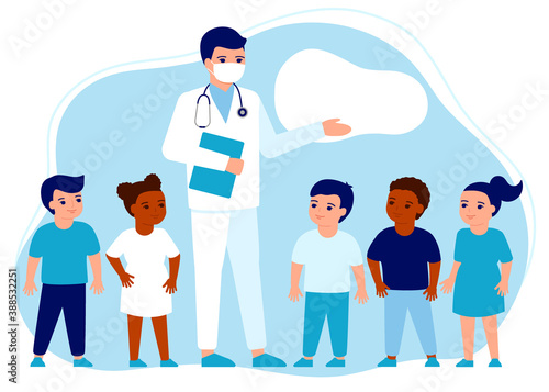 Doctor pediatrician and children. Presentation, lesson about immune system health. Knowledge health care kids. Prevention and treatment, vaccinations. Health care, protection, immunization. Vector