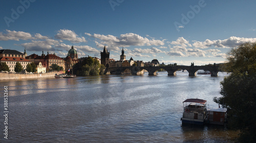 Charles Bridge – main tourist attraction in Prague, Czech Republic. Overlooking Charles Bridge from Manes Bridge.