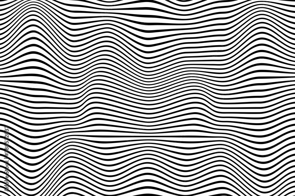 Op art striped banner. Black and white smooth lines background. Monochrome stripes motion effect. Optical illusion of liquid forms, volume folds. Futuristic wave image. Vector wavy trend illustration Op art striped banner. Black and white smooth lines background. Monochrome stripes motion effect. Optical illusion of liquid forms, volume folds. Futuristic wave image. Vector wavy trend illustration