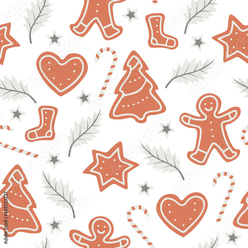 Christmas seamless pattern with candy canes, gingerbreads and leafs. Repetitive vector pattern design on transparent background.