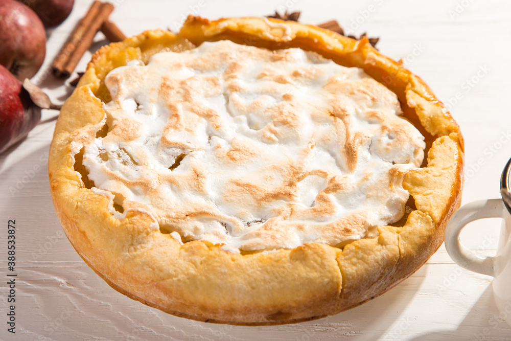 Pear delicious pie and coffee, homemade pastry with cinnamon, sweet dessert for breakfast. Copy space. Pear delicious pie and coffee, homemade pastry with cinnamon, sweet dessert for breakfast. Copy space.