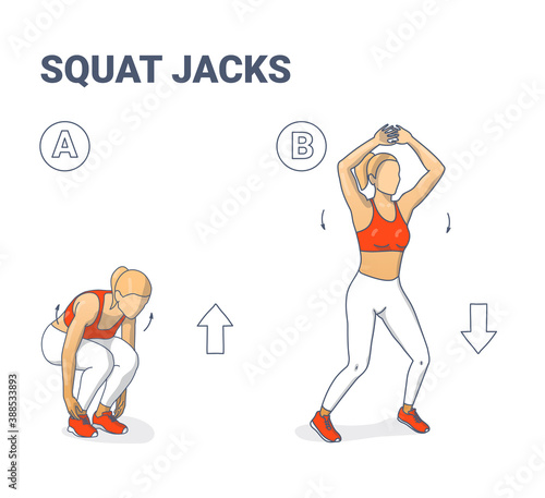 Squat Jacks Home Workout Female Exercise Guide Silhouettes illustration.