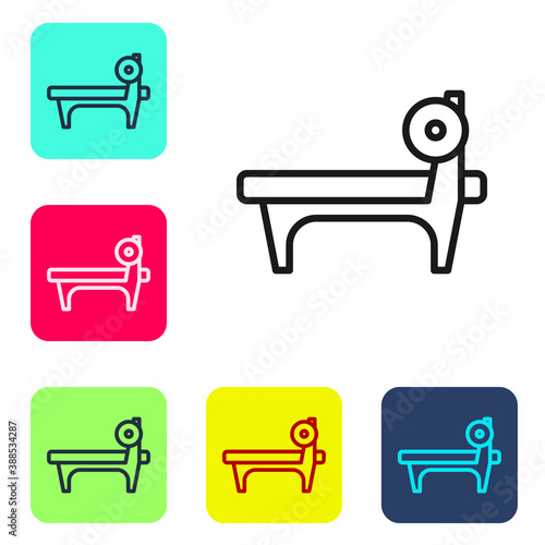 Black line Bench with barbel icon isolated on white background. Gym equipment. Bodybuilding, powerlifting, fitness concept. Set icons in color square buttons. Vector.