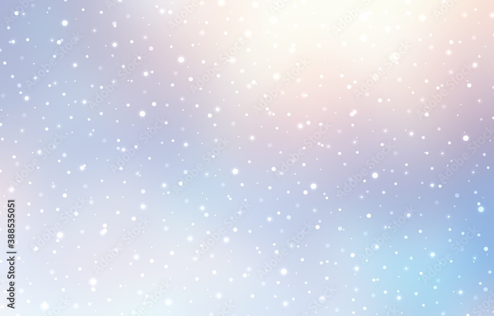 Light snow falling in sunshine on winter blur background. Nature glowing illustration. Pastel blue yellow colors. Light snow falling in sunshine on winter blur background. Nature glowing illustration. Pastel blue yellow colors.