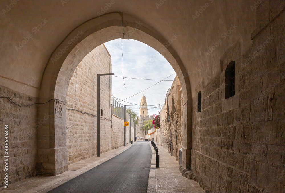 The Armenian Patriarchate Street passing through the Armenian quarter and the top of the King David Tomb in the old city of Jerusalem, Israel