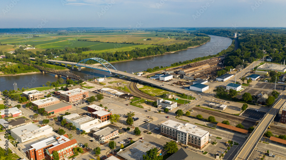 Aerial view looking at Utah Street highway 59 and the Missouri River in Atchison Kansas