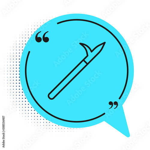 Black line Metal pike pole with wooden handle icon isolated on white background. Spear, pickaxe, hook hand extinguishing instrument and tool for fireman. Blue speech bubble symbol. Vector.