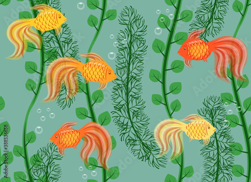 goldfish and seaweed seamless pattern
